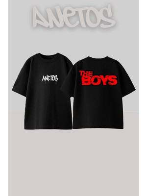 Anetos The Boys Tasarım Sırt Baskılı Pamuk Siyah Oversize T-Shirt