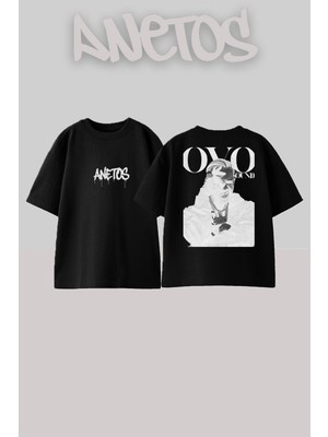 Anetos Drake 11 Tasarım Sırt Baskılı Pamuk Siyah Oversize T-Shirt