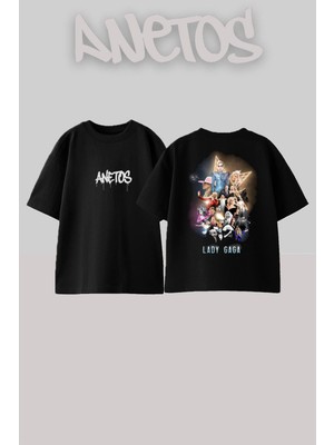 Anetos Lady Gaga 15 Tasarım Sırt Baskılı Pamuk Siyah Oversize T-Shirt