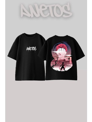 Anetos Demon Slayer Akaza 2 Tasarım Sırt Baskılı Pamuk Siyah Oversize T-Shirt