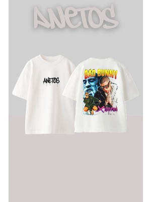 Anetos Bad Bunny 10 Tasarım Sırt Baskılı Pamuk Beyaz Oversize T-Shirt