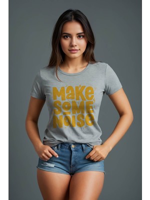 Squitee Make Some Noise Baskılı Kadın Slimfit Tişört - Gri Melanj