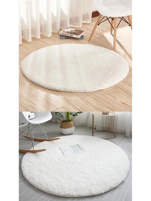 Besely Beyaz Yuvarlak Kaymaz Taban Halı Yıkanabilir Dekoratif Peluş Halı