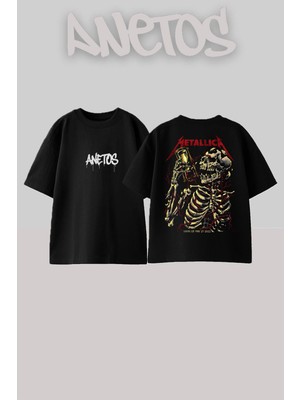 Anetos Metallica 22 Tasarım Sırt Baskılı Pamuk Siyah Oversize T-Shirt