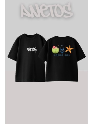 Anetos Caribe Gırl Tasarım Sırt Baskılı Pamuk Siyah Oversize T-Shirt