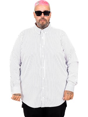 ModeXL Mode Büyük Beden Erkek Saten Çizgili Gömlek Beyaz Klasik Stil Uzun Kol 5XL