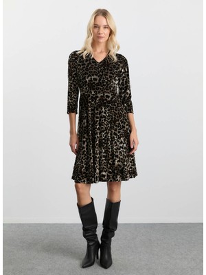 Selen V Yaka Leopar Desenli Siyah Standart Kadın Elbise 25KSL7701