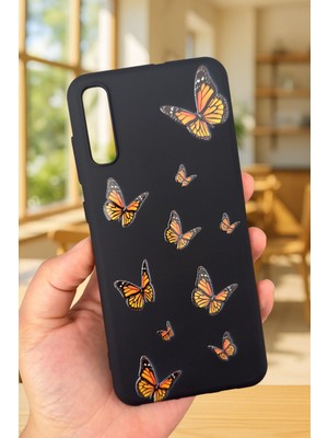 Vip Case Samsung Galaxy A50 - Turuncu Kelebek Desenli Silikon Darbe Emici Klasik Korumalı Rubber Kılıf