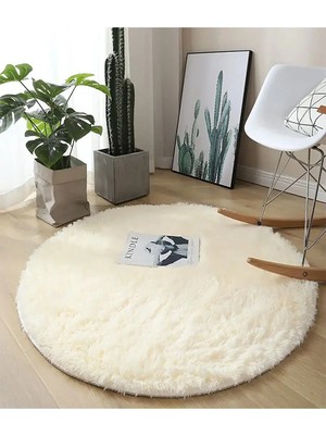 Besely Krem Yuvarlak Kaymaz Taban Halı Yıkanabilir Dekoratif Peluş Halı