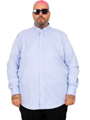 ModeXL Mode Xl Büyük Beden Erkek Saten Çizgili Gömlek Klasik Stil Uzun Kol 20399 Mavi Renk