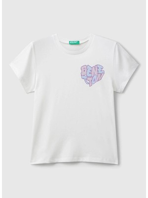 Benetton Baskılı Ekru Kız Çocuk T-Shirt 3I1XC10Q1