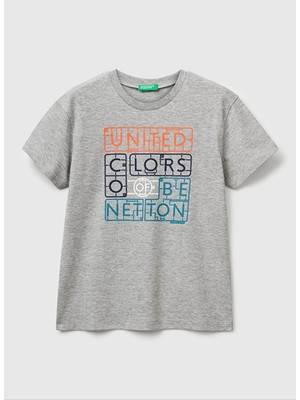 Benetton Erkek Çocuk T-Shirt 7 - 8 Yaş Kısa Kol Gri Melanj Günlük Pamuk Kumaş Grafik Desenli