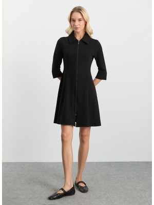 Selen Polo Yaka Düz Siyah Standart Kadın Elbise 25KSL7708