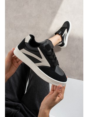 Navi Shoes Kadın Bağcıklı Spor Ayakkabı Sneaker Suni Deri Düz Taban Siyah Beyaz 121NAV