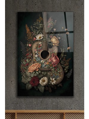 AR AJANS KANVAS TABLO Gitar Çiçek Desenli Krem Tonları Dekoratif Cam Tablo
