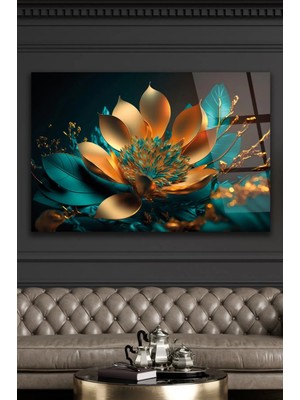 AR AJANS KANVAS TABLO Altın Renkli Lotus Çiçeği Dekoratif Cam Tablo