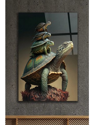 AR AJANS KANVAS TABLO Kaplumbağa Ailesi Hayvan Dekoratif Cam Tablo