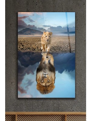AR AJANS KANVAS TABLO Yavru Aslan ve Suda Yansıması Dekoratif Cam Tablo