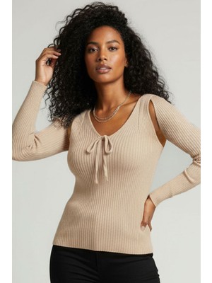 Teenage Millionaire Kadın Taş Kum Bej Üst Kalite Dokuma Uzun Kollu Fitilli Bluz Body