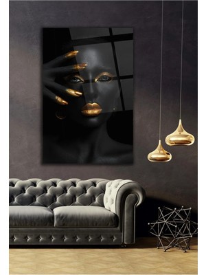 AR AJANS KANVAS TABLO Altın Dokunuşlu Afrikalı Kadın Tasarım Cam Tablo