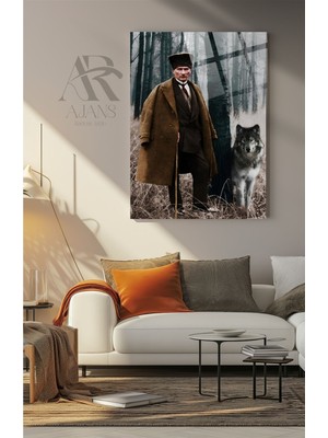 AR AJANS KANVAS TABLO Mustafa Kemal Atatürk Ormanda Asil Kurt Dekoratif Cam Tablo