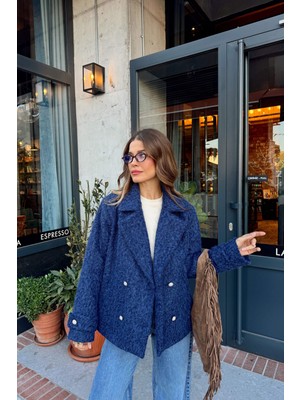 Sue Store Indigo Inci Düğmeli Astarlı Yün Karışımlı Oversize Ceket