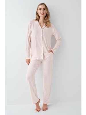 Arnetta Kadın Şeker Pembe Gömlek Pijama Takım, Çizgili, %50 Pamuk %50 Modal