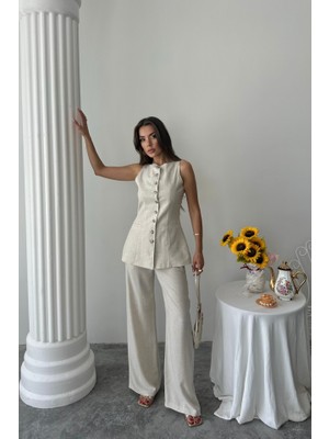 Nnstartshopping  Keten Yelek - Pantolon Takım - Taş