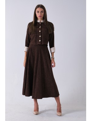 Feminist Kahve Önü Düğme Kapamalı Crop Ceket Etekli Tüvid Takım 45950601.05