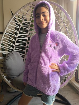 Şimo Butikkız Çocuk Peluş Polar Hırka Kapşonlu Fermuarlı Cepli Pembe Beyaz Siyah Mor Gül Kurusu !!!dar Kalıp