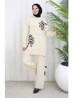 Triko Çiçek Desenli Tunik Pantolon Ikili Takım 1110-08 Bej