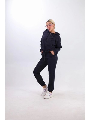 Nnstartshopping  Iki Iplik Kapüşonlu Fermuarlı Crop Oversize Hırka Takım- Lacivert