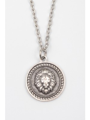 IDR Aslan Madalyon Kolye - Düz Ezme İthal Zincirli Unisex Gümüş Kaplama Kolye - 60 cm