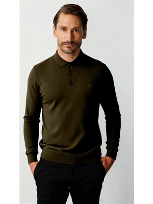 İGS Haki Standart Fit Dar Kalıp Polo Yaka Düz Uzun Kollu  Rayon Triko