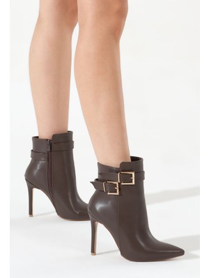 Tonny Black Kadın Kahve Neolit Taban Çift Toka Detaylı Sivri Burunlu Fermuarlı Topuklu Bot