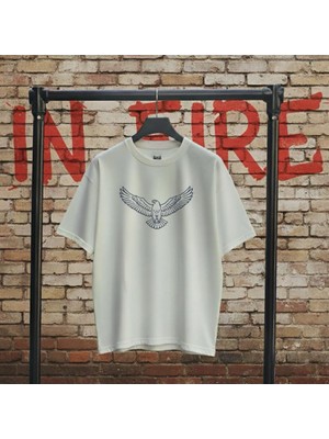 İnfire Clothing Kartal Beyaz Baskılı Unisex Bisiklet Yaka Pamuk Oversize T-Shirt