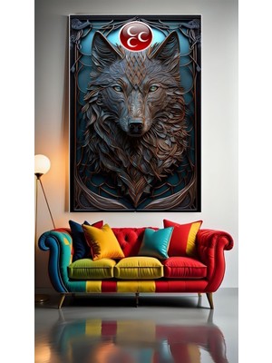 Özkacar Group Kabartma Görünümlü Kurt Portresi 2 Ev Duvar Salon Güzellik Salonu Ofis Dükkan Dekarasyon Kanvas Tablo