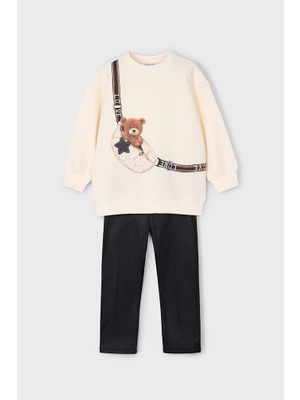 Mayoral Kız Çocuk Regular Fit Ayıcık Baskılı Sweatshirt ve Tayt Takım - Ekru/siyah