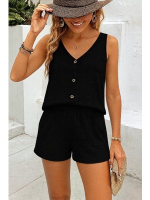 Janes Kadın Askılı Kolsuz V Yakalı Önden Düğmeli Bürümcük Bluz ve Short Ikili Takım