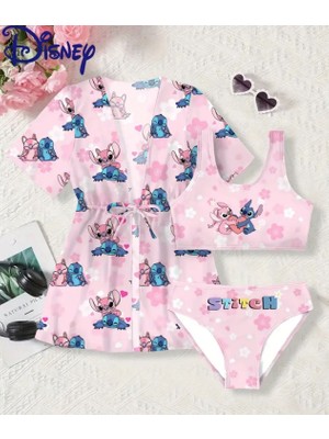 3b Kids Kız Çocuk Stitch Üç Parça Mayo Bikini Takımı Pareolu Yazlık Tatil Plaj