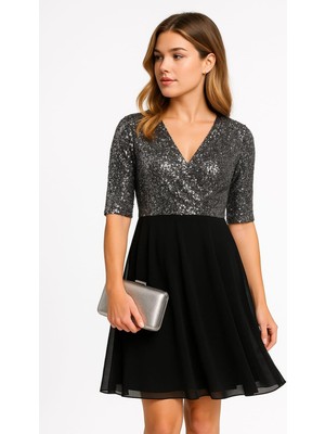 Şans Kadın Büyük Beden Gümüş-Siyah, Pul Payet Detaylı, Anvelop Yaka Abiye Elbise 65N39202