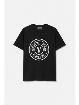 Versace Erkek Regular Fit Kadife Baskı V Amblemli Bisiklet Yaka T-Shirt - Siyah
