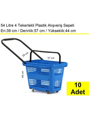 Akdenizpos Tekerlekli Plastik Market Alışveriş El Sepeti 54 Litre Mavi 10 Adet