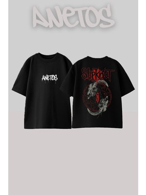 Anetos Slipknot 7 Tasarım Sırt Baskılı Pamuk Siyah Oversize T-Shirt