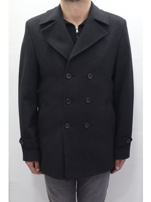 Pelikan Tekstil Fistan Store Erkek Siyah Spor Kesim Normal Kalıp Düğme Kapamalı Kışlık Kaşmir Kaban