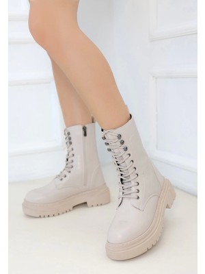 Bilfold Caxa Bej Cilt Bağcıklı Bot