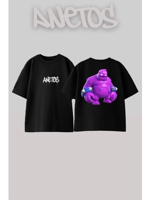 Anetos Iksir Golem Tasarım Sırt Baskılı Pamuk Siyah Oversize T-Shirt