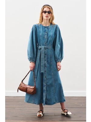 Manuka Geniş Kollu Denim Elbise Mavi