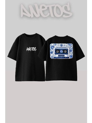 Anetos Kaset Tasarım Sırt Baskılı Pamuk Siyah Oversize T-Shirt
