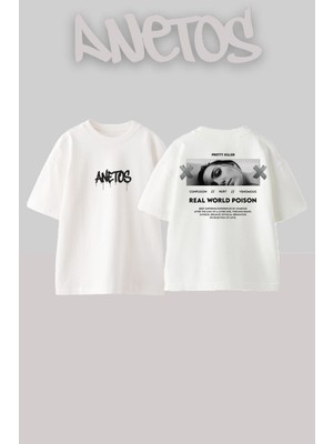 Anetos Real World Posion Tasarım Sırt Baskılı Pamuk Beyaz Oversize T-Shirt